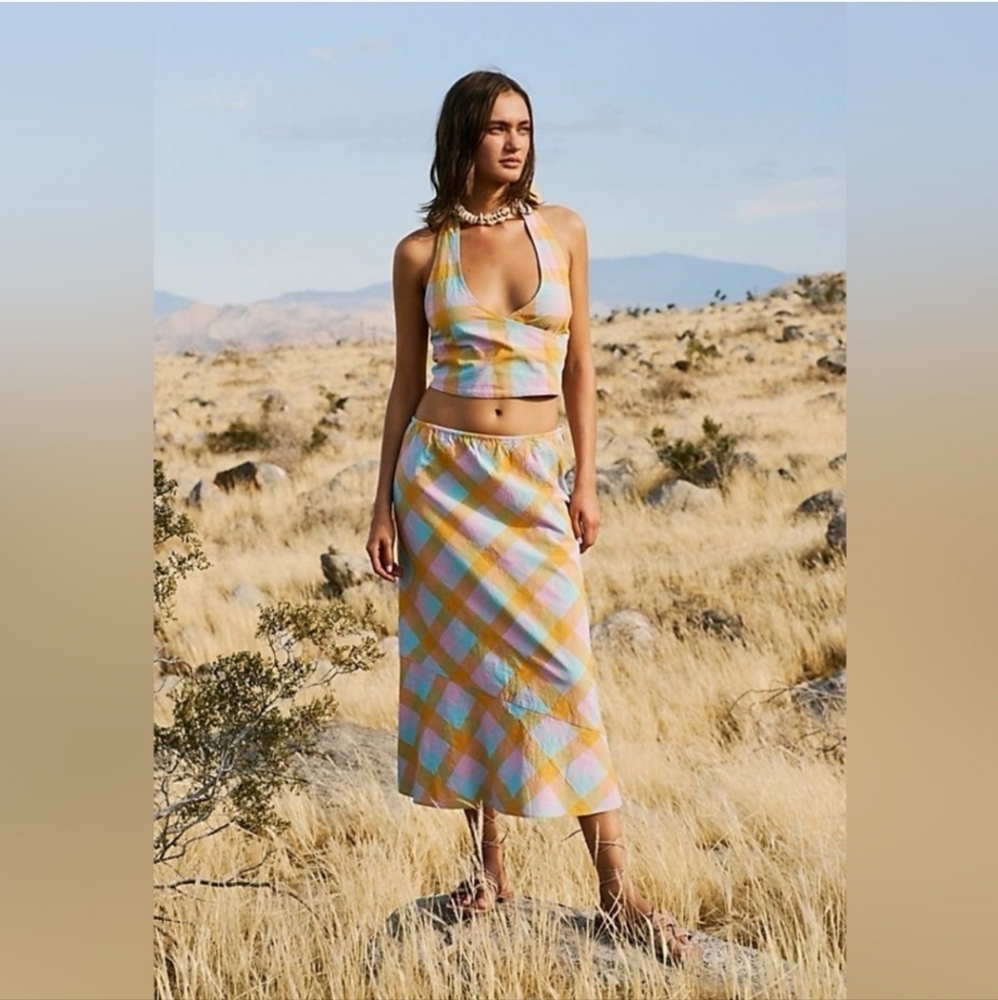 Free People Pastel Plaid Midi Skirt and Halter Crop Set - Yellow, Pink, Blue